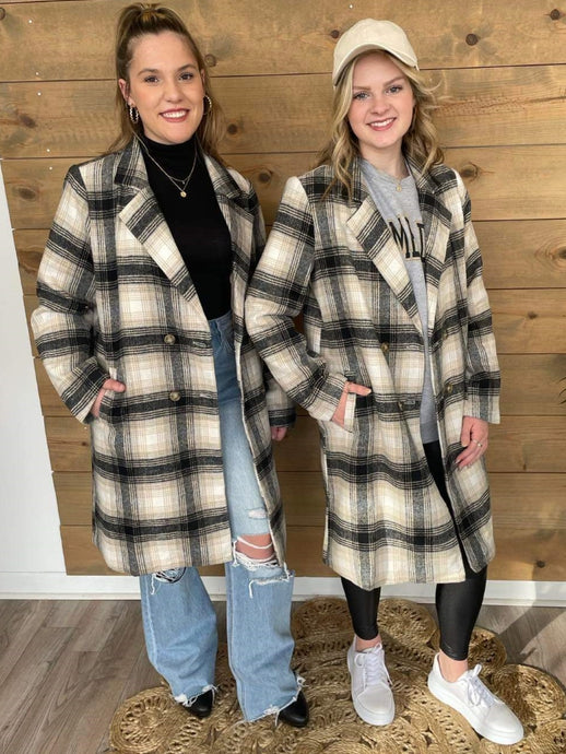 Long Plaid Pea Coat