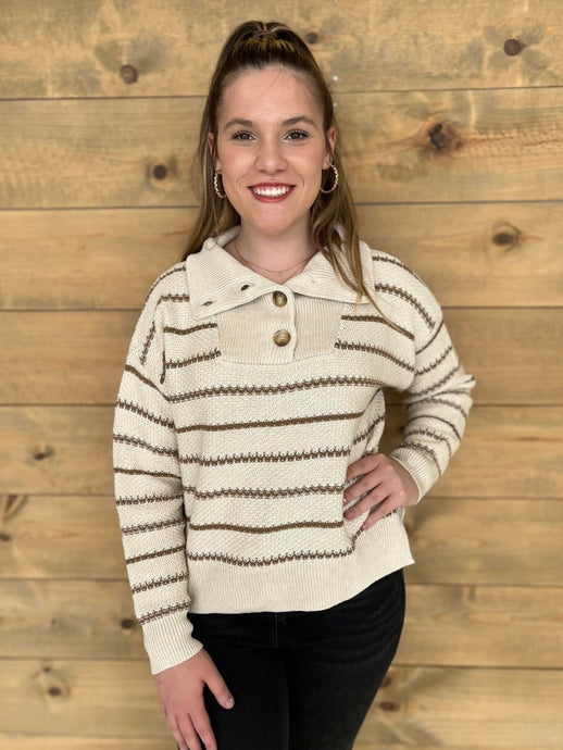 Stripe Qtr Btn Sweater